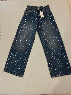 Mango Studded Straight Leg Jeans NWT | Rhinestone Embellished | Size 4